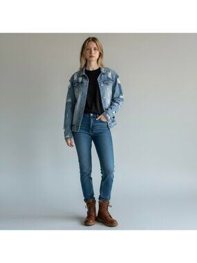 The Style Between Us Blue Distressed Thrashed Denim Jean Jacket Size Small